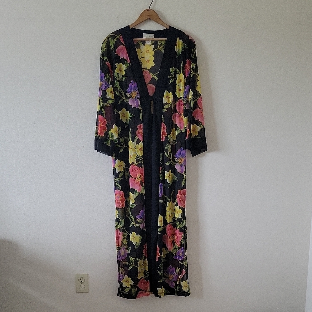 Spiegel Black Floral Mesh Kimono Duster Size Small
